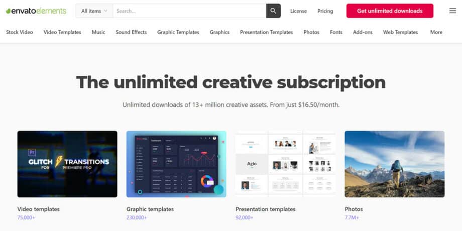 A screenshot of Envato Elements website.