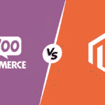 Split WooCommerce vs Magento image displaying WooCommerce logo on the left with a purple background and Magento logo on the right with an orange background, separated by a "vs" in the center.