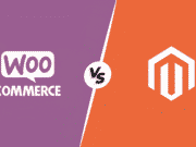 Split WooCommerce vs Magento image displaying WooCommerce logo on the left with a purple background and Magento logo on the right with an orange background, separated by a "vs" in the center.