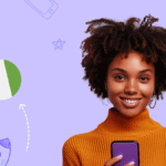 A person smiling while holding a smartphone, set against a purple background with whimsical graphics like a rocket and geometric shapes.