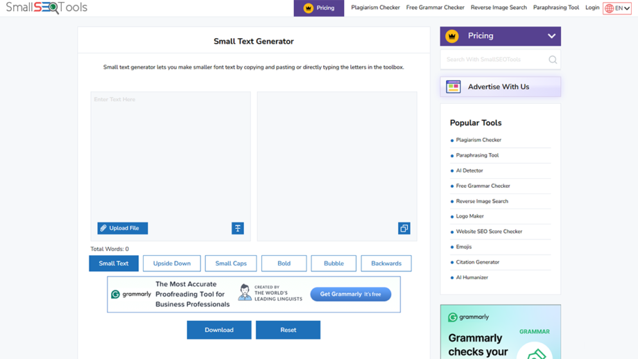 Screenshot of the Small Text Generator webpage featuring input and output boxes, formatting options, and advertisements for Grammarly services.