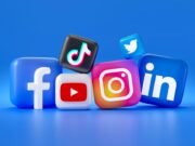 3D icons of Facebook, TikTok, Twitter, YouTube, Instagram, and LinkedIn on a blue background.