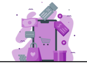 Illustration of a smartphone with shopping icons including a bag, cart, money, and discount tag, symbolizing online shopping.