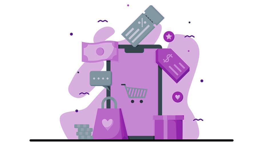 Illustration of a smartphone with shopping icons including a bag, cart, money, and discount tag, symbolizing online shopping.