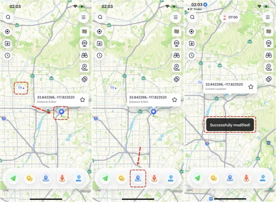 Three map app screens showing location selection, route calculation, and confirmation message Successfully modified with coordinates.