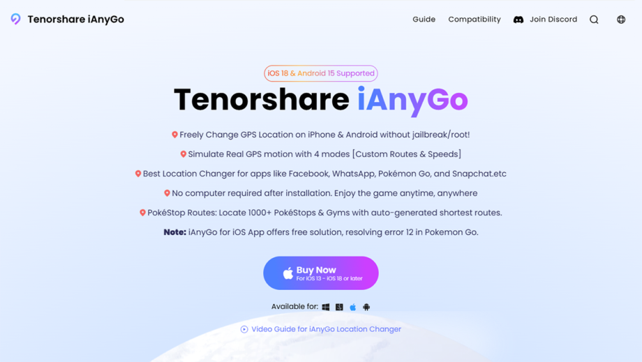 Screenshot of Tenorshare iAnyGo page highlighting features like GPS location change on iOS, simulation of movement, and Pokémon Go support.