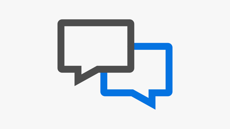 Two overlapping speech bubble icons, one black and one blue, on a plain white background.